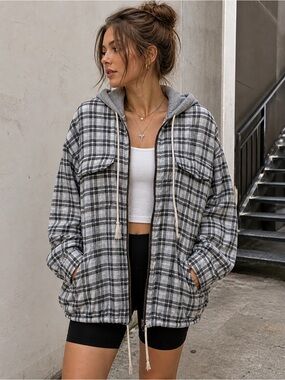 Vintage Cactus Cloth Plaid Hooded Oversized Shacket Jacket